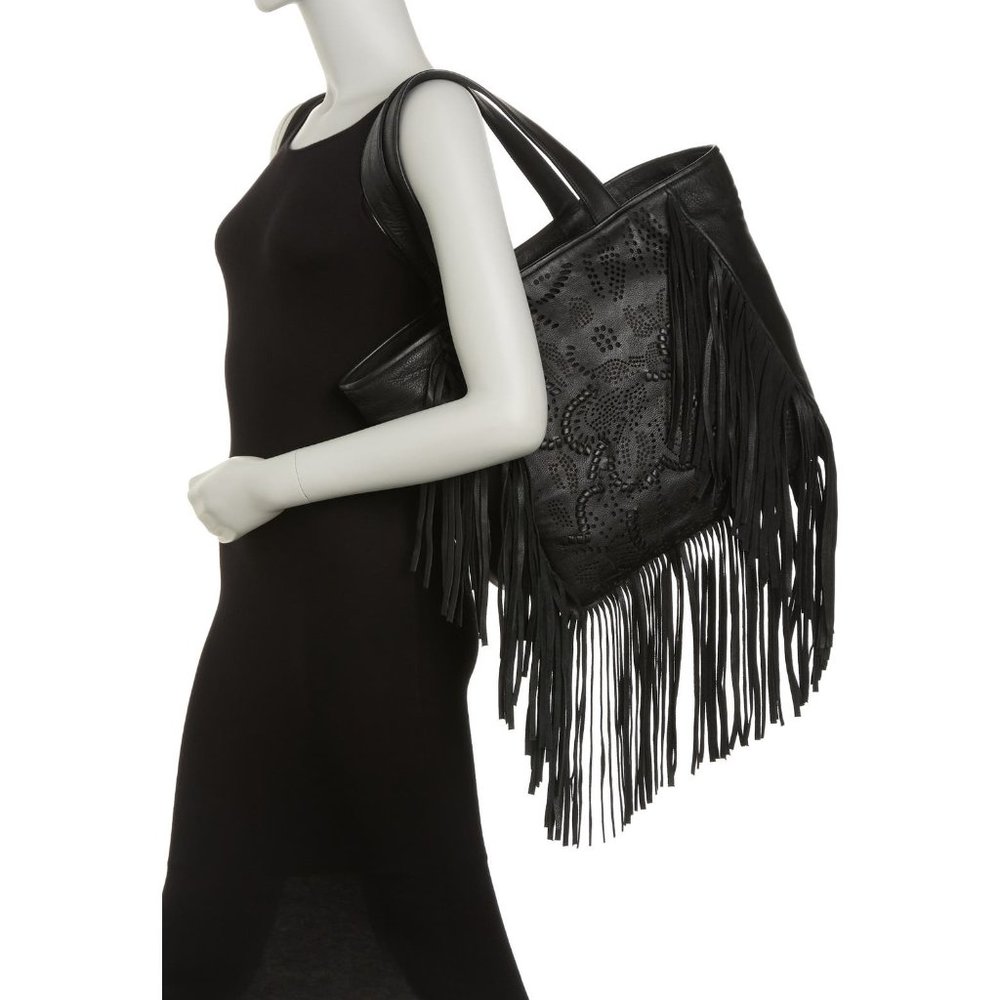 🔥50% OFF FLASH SALE! 🖤Frye Vivian Black Whipstitch Leather Tote w/Fringe $348